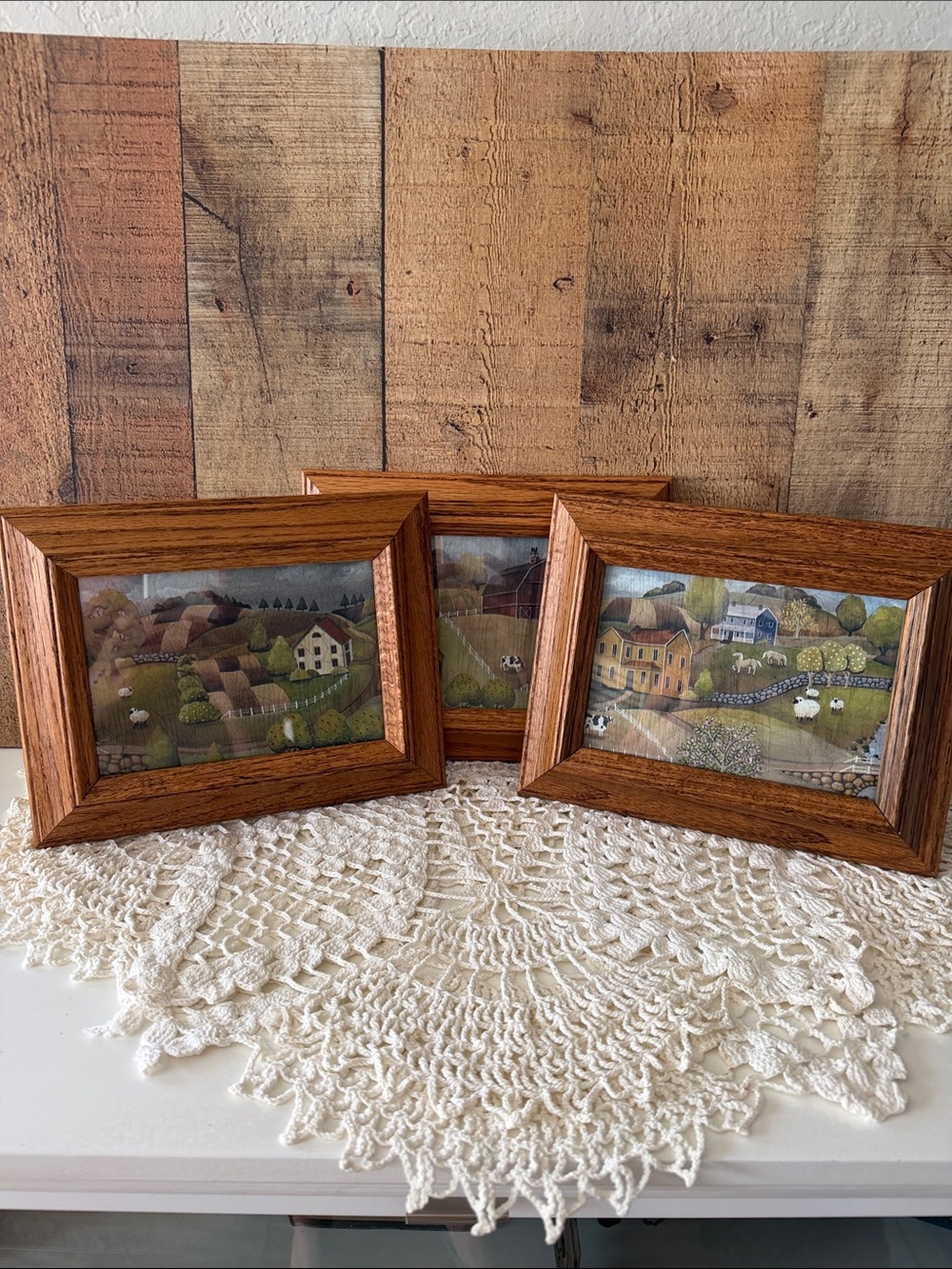 Set of 3 Solid Oak Vintage Frames with Farmhouse Art 5”x7”